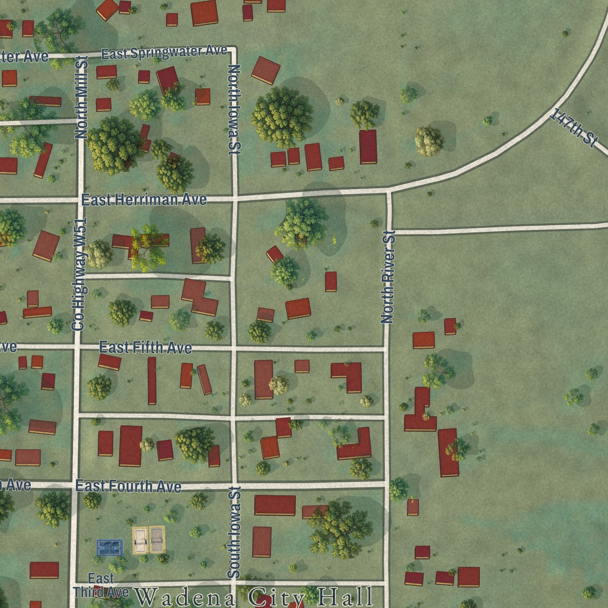 Close-up of the map of Wadena, Iowa print showing street and building detail