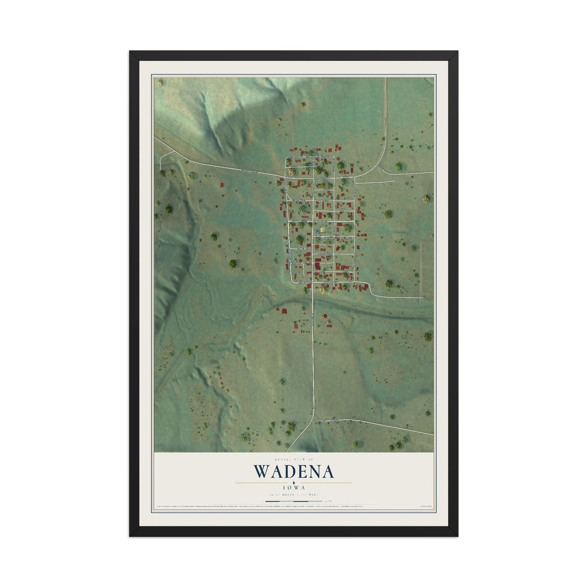 Map of Wadena, Iowa, 12 x 18 inch print in a black wood frame