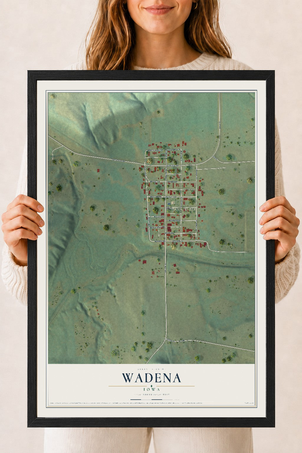 Map of Wadena, Iowa, 18 x 24 inch print in a black wood frame