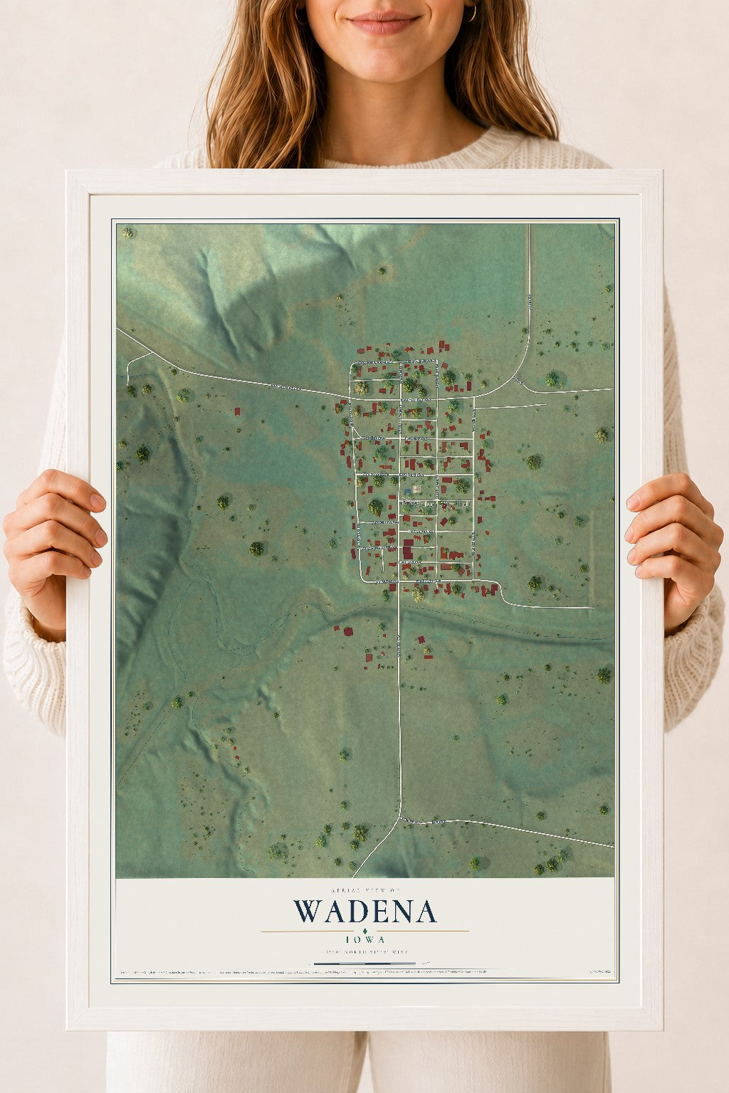 Map of Wadena, Iowa, 18 x 24 inch print in a white wood frame