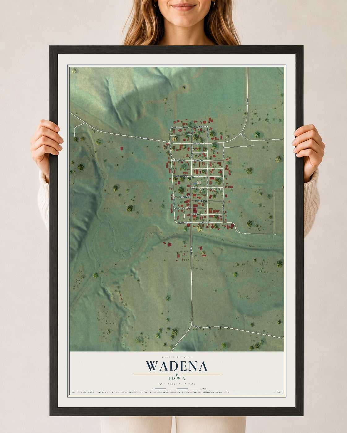 Map of Wadena, Iowa, 24 x 36 inch print in a black wood frame