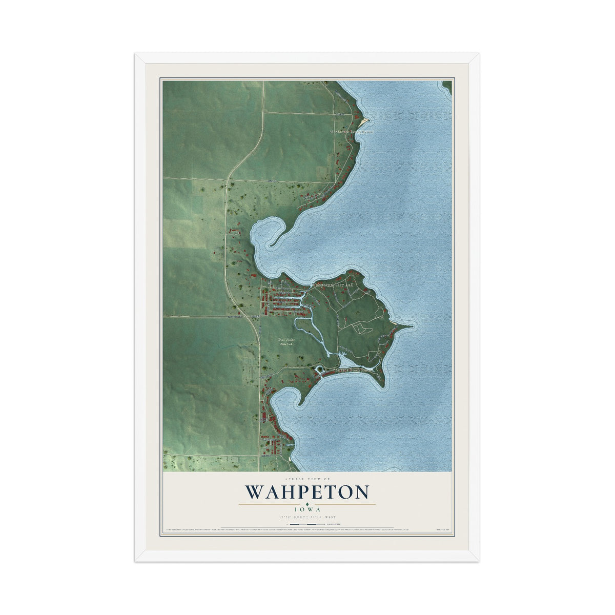 Map of Wahpeton, Iowa, 12 x 18 inch print in a white wood frame