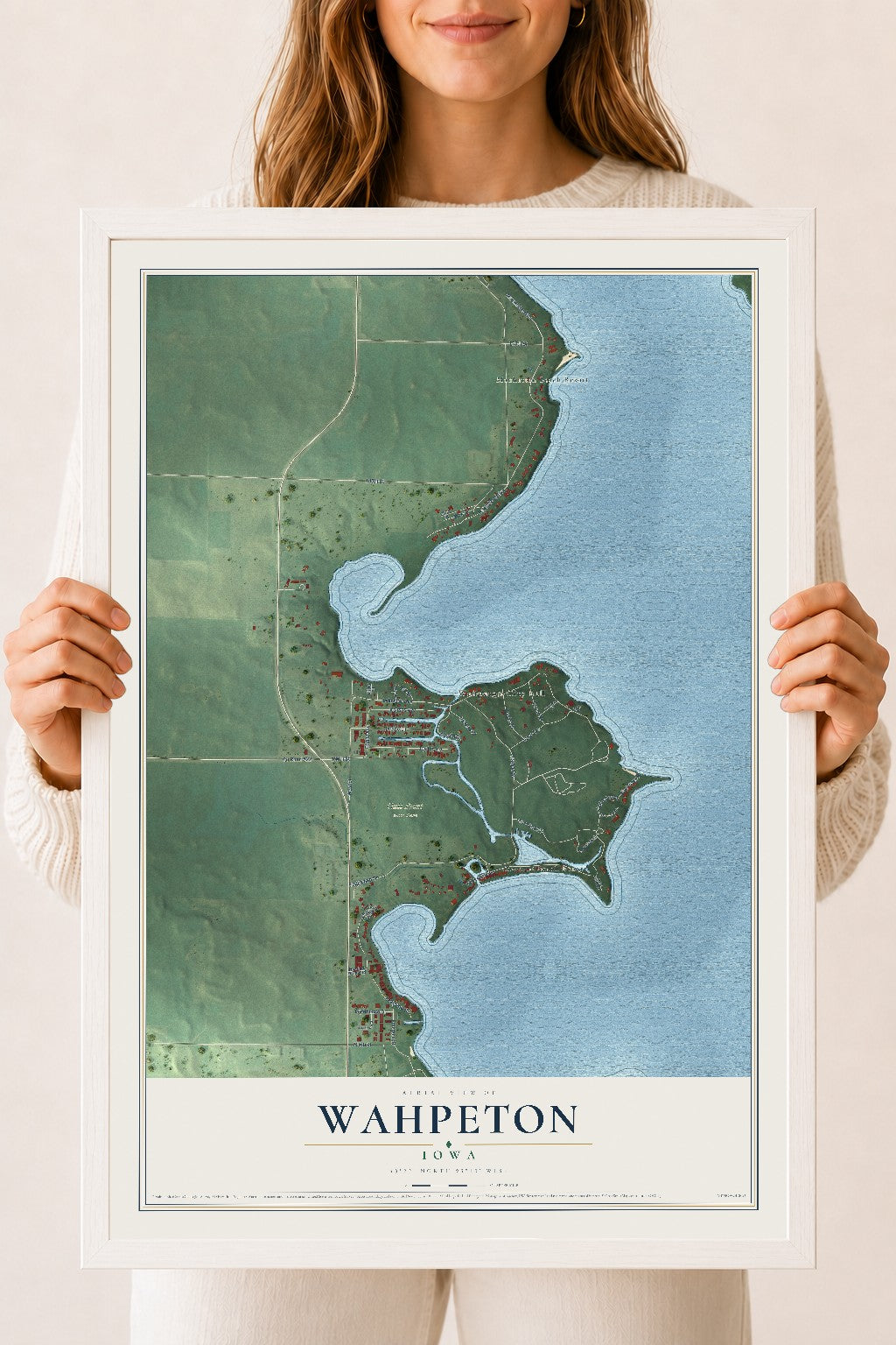 Map of Wahpeton, Iowa, 18 x 24 inch print in a white wood frame