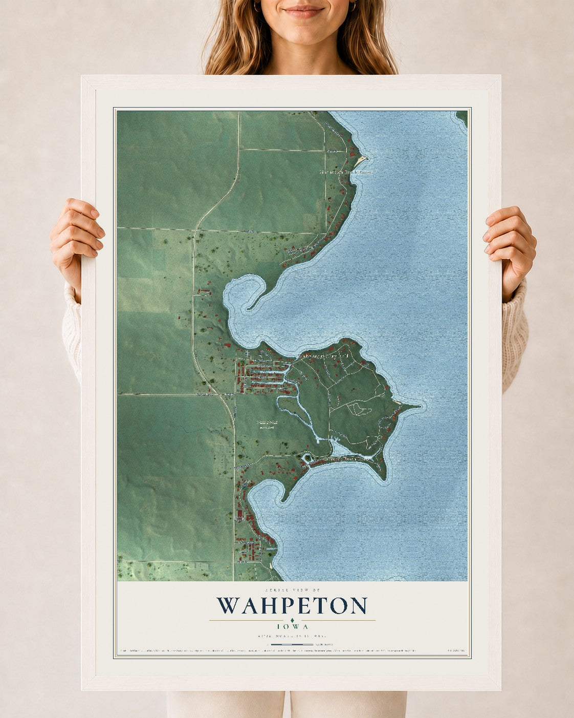 Map of Wahpeton, Iowa, 24 x 36 inch print in a white wood frame