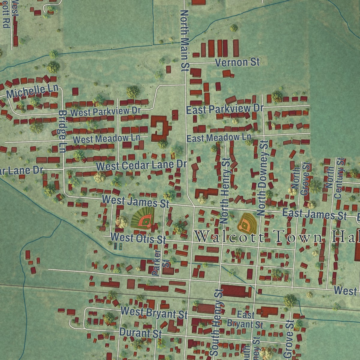 Close-up of the map of Walcott, Iowa print showing street and building detail