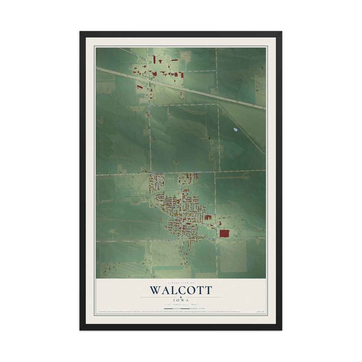 Map of Walcott, Iowa, 12 x 18 inch print in a black wood frame