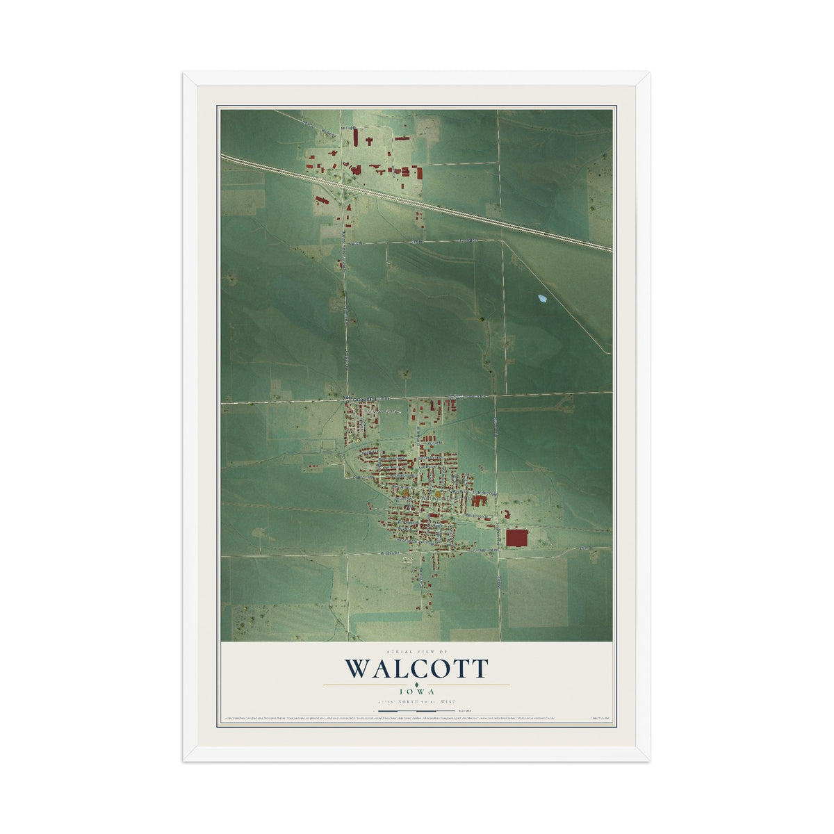 Map of Walcott, Iowa, 12 x 18 inch print in a white wood frame
