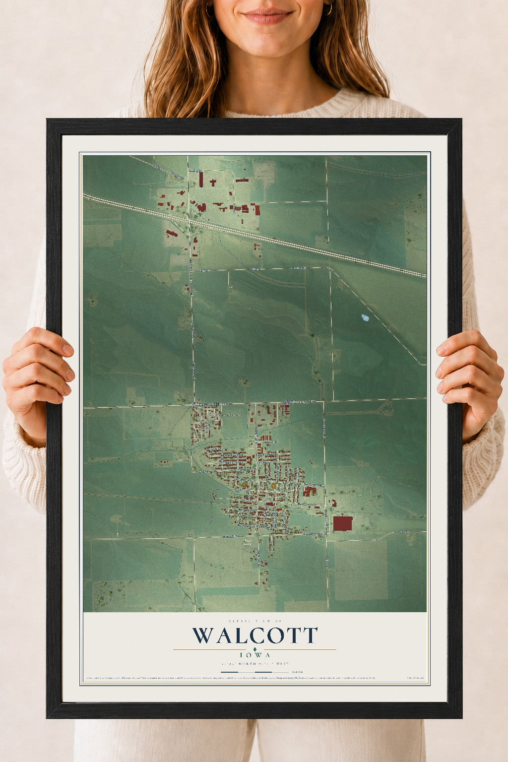Map of Walcott, Iowa, 18 x 24 inch print in a black wood frame