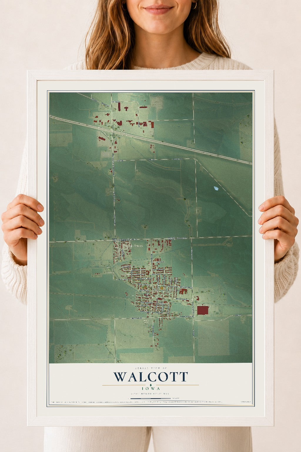 Map of Walcott, Iowa, 18 x 24 inch print in a white wood frame