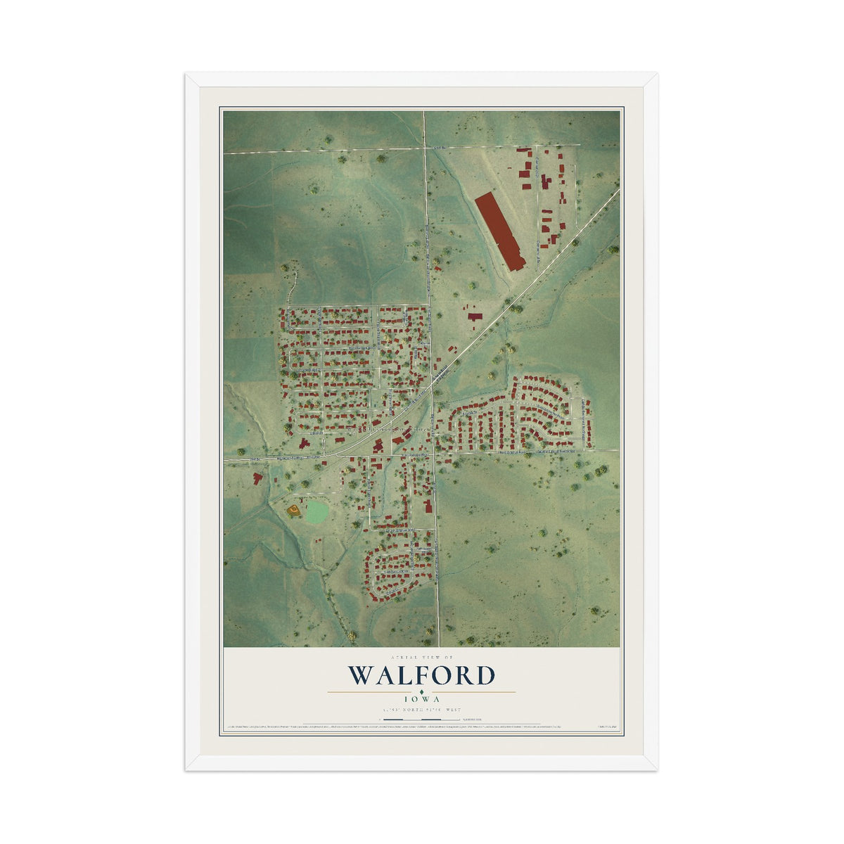 Map of Walford, Iowa, 12 x 18 inch print in a white wood frame