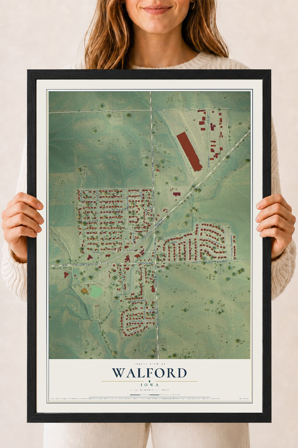 Map of Walford, Iowa, 18 x 24 inch print in a black wood frame
