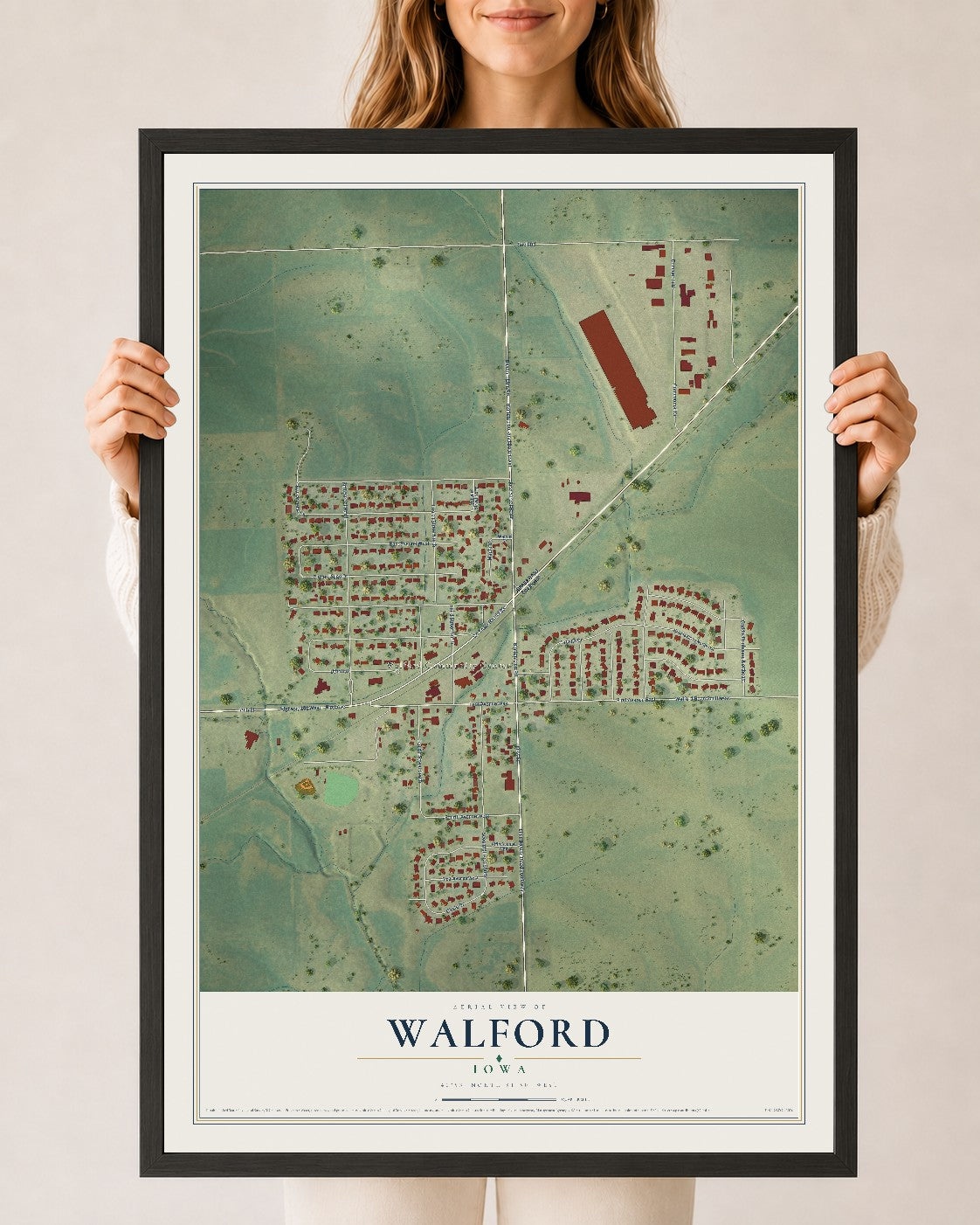 Map of Walford, Iowa, 24 x 36 inch print in a black wood frame