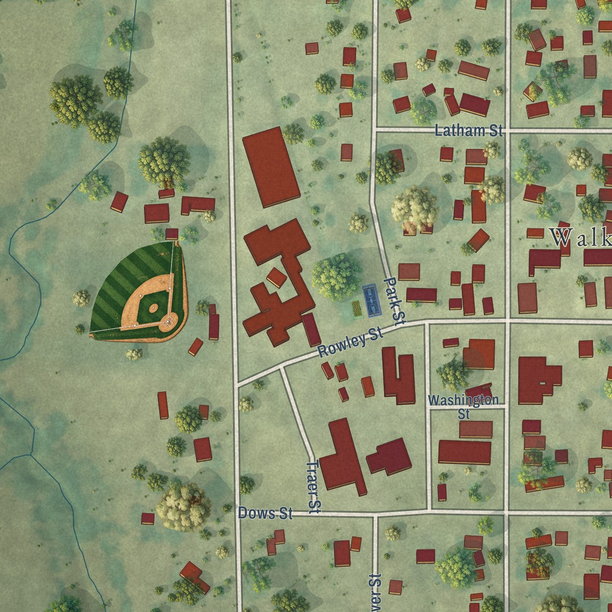 Close-up of the map of Walker, Iowa print showing street and building detail