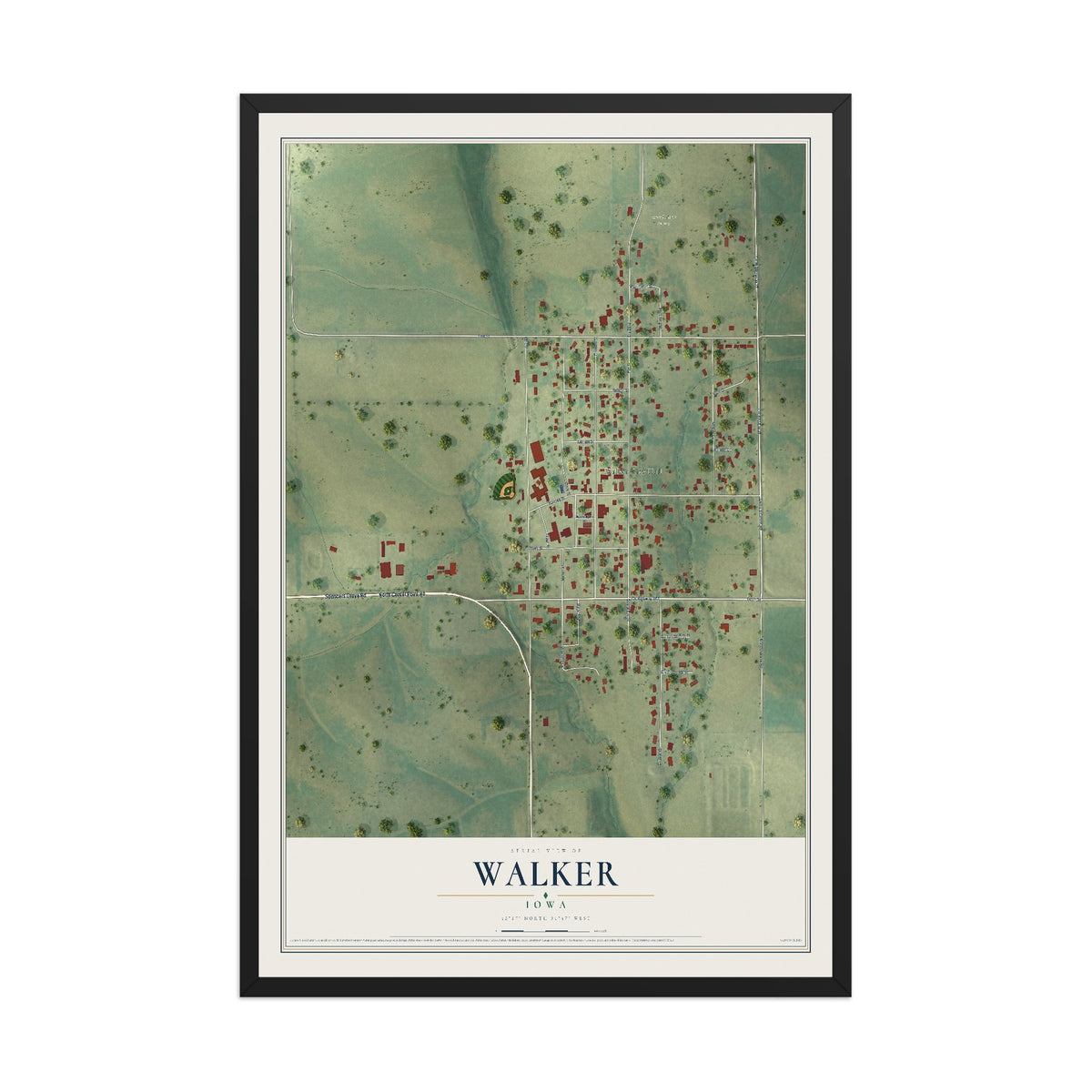 Map of Walker, Iowa, 12 x 18 inch print in a black wood frame