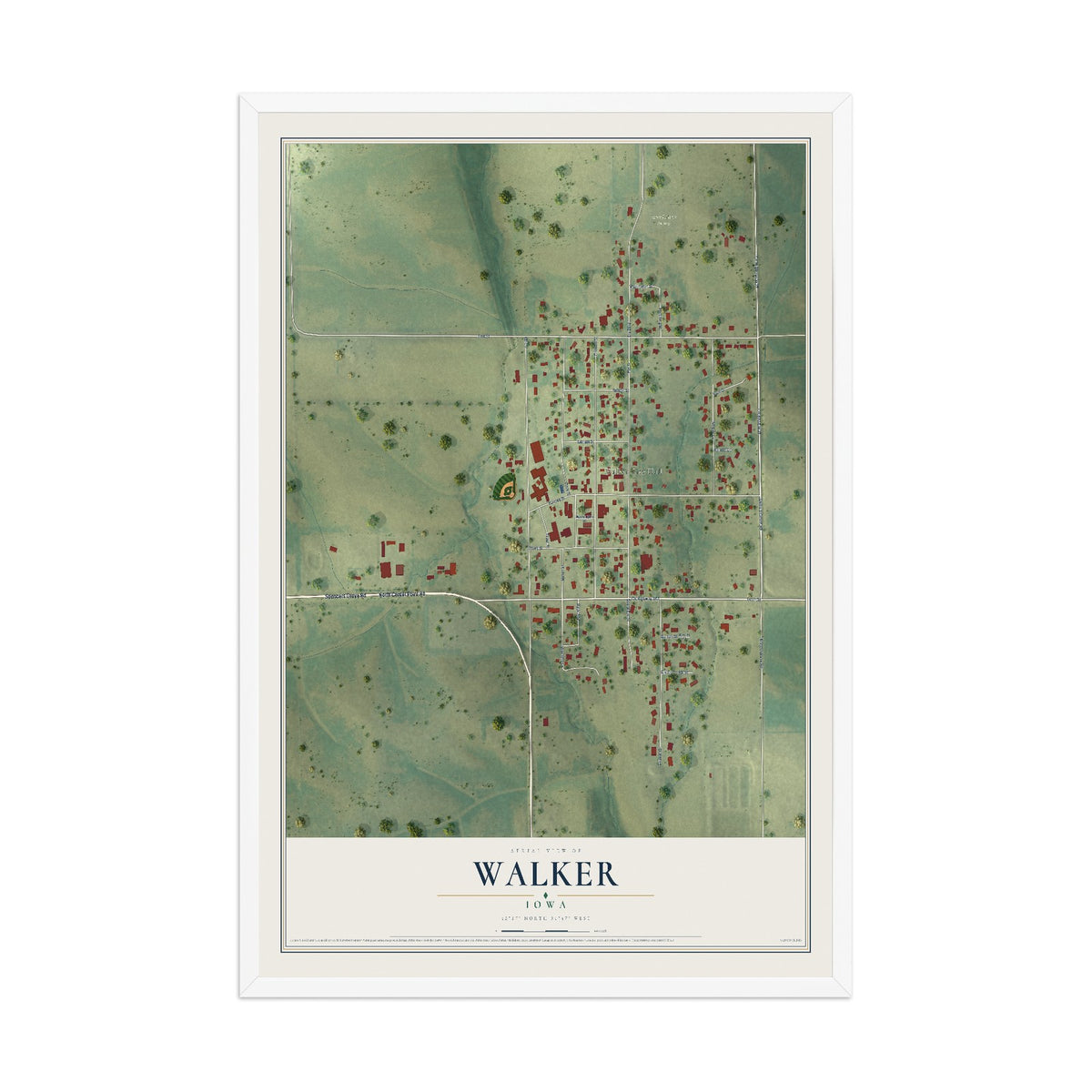 Map of Walker, Iowa, 12 x 18 inch print in a white wood frame