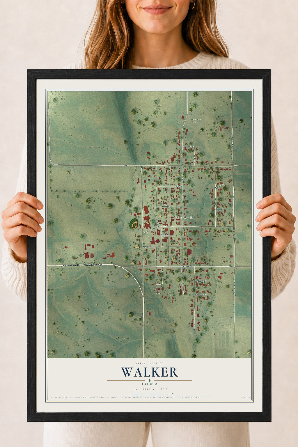 Map of Walker, Iowa, 18 x 24 inch print in a black wood frame