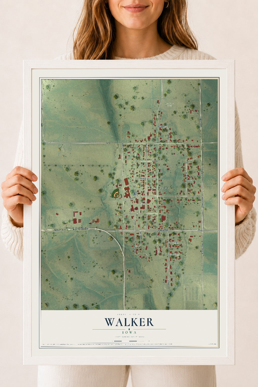 Map of Walker, Iowa, 18 x 24 inch print in a white wood frame
