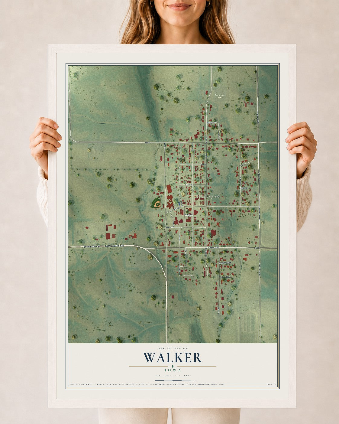 Map of Walker, Iowa, 24 x 36 inch print in a white wood frame