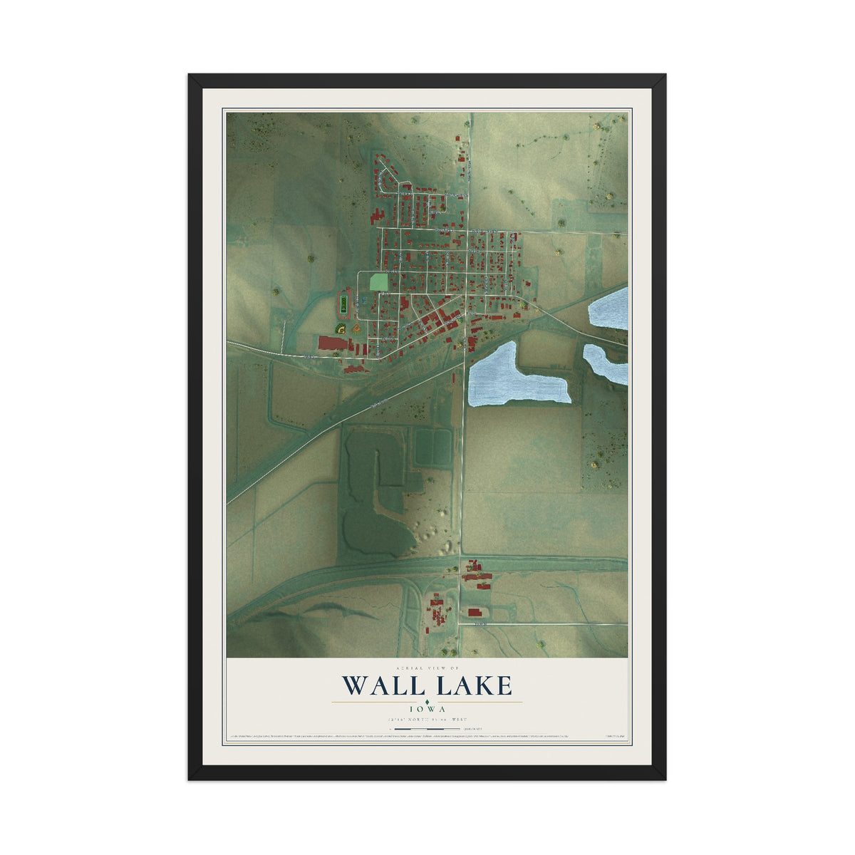 Map of Wall Lake, Iowa, 12 x 18 inch print in a black wood frame