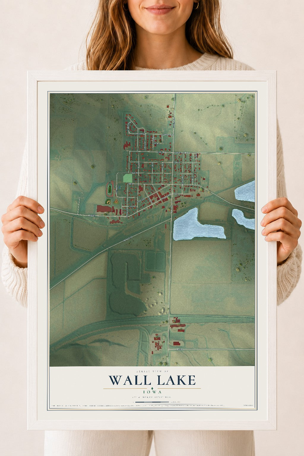 Map of Wall Lake, Iowa, 18 x 24 inch print in a white wood frame