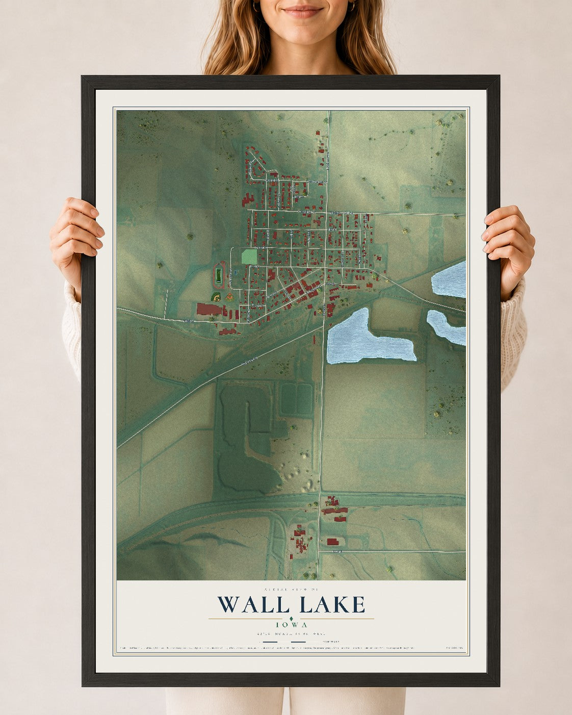 Map of Wall Lake, Iowa, 24 x 36 inch print in a black wood frame