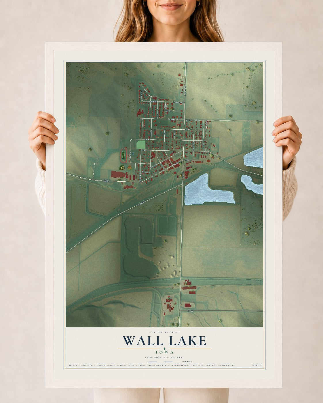 Map of Wall Lake, Iowa, 24 x 36 inch print in a white wood frame