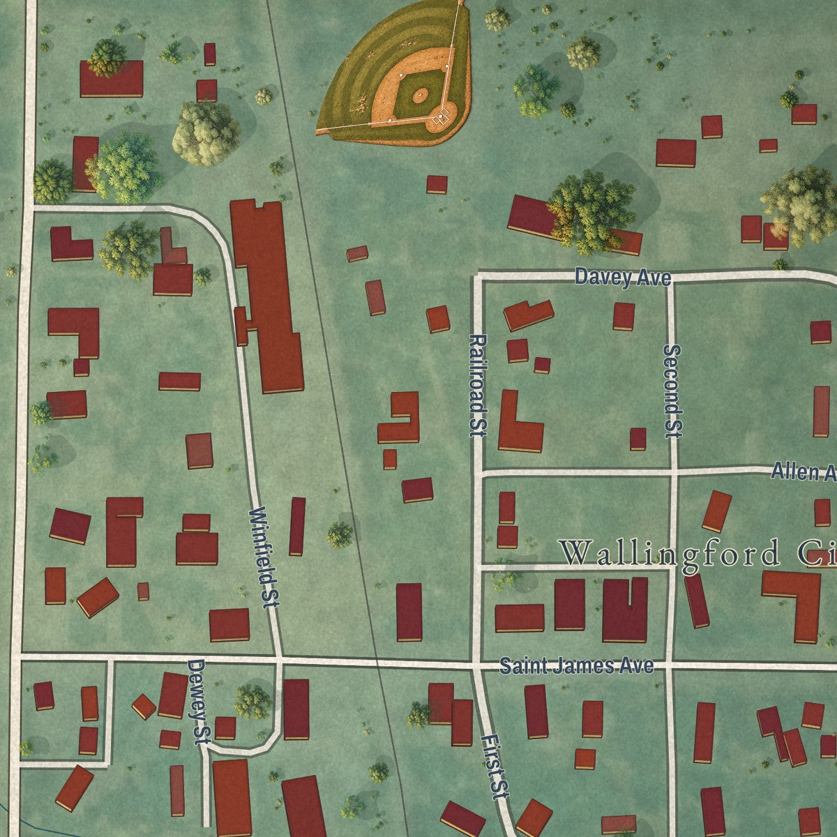 Close-up of the map of Wallingford, Iowa print showing street and building detail
