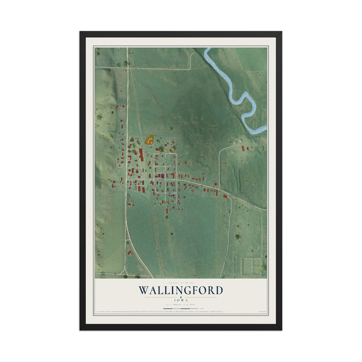 Map of Wallingford, Iowa, 12 x 18 inch print in a black wood frame