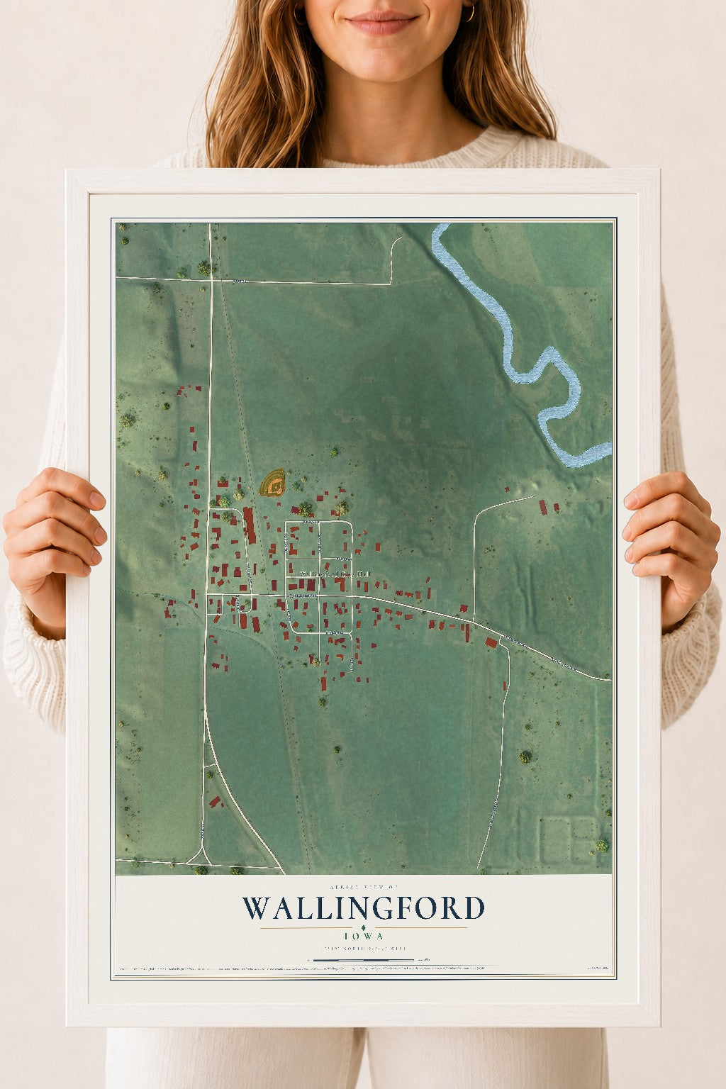 Map of Wallingford, Iowa, 18 x 24 inch print in a white wood frame