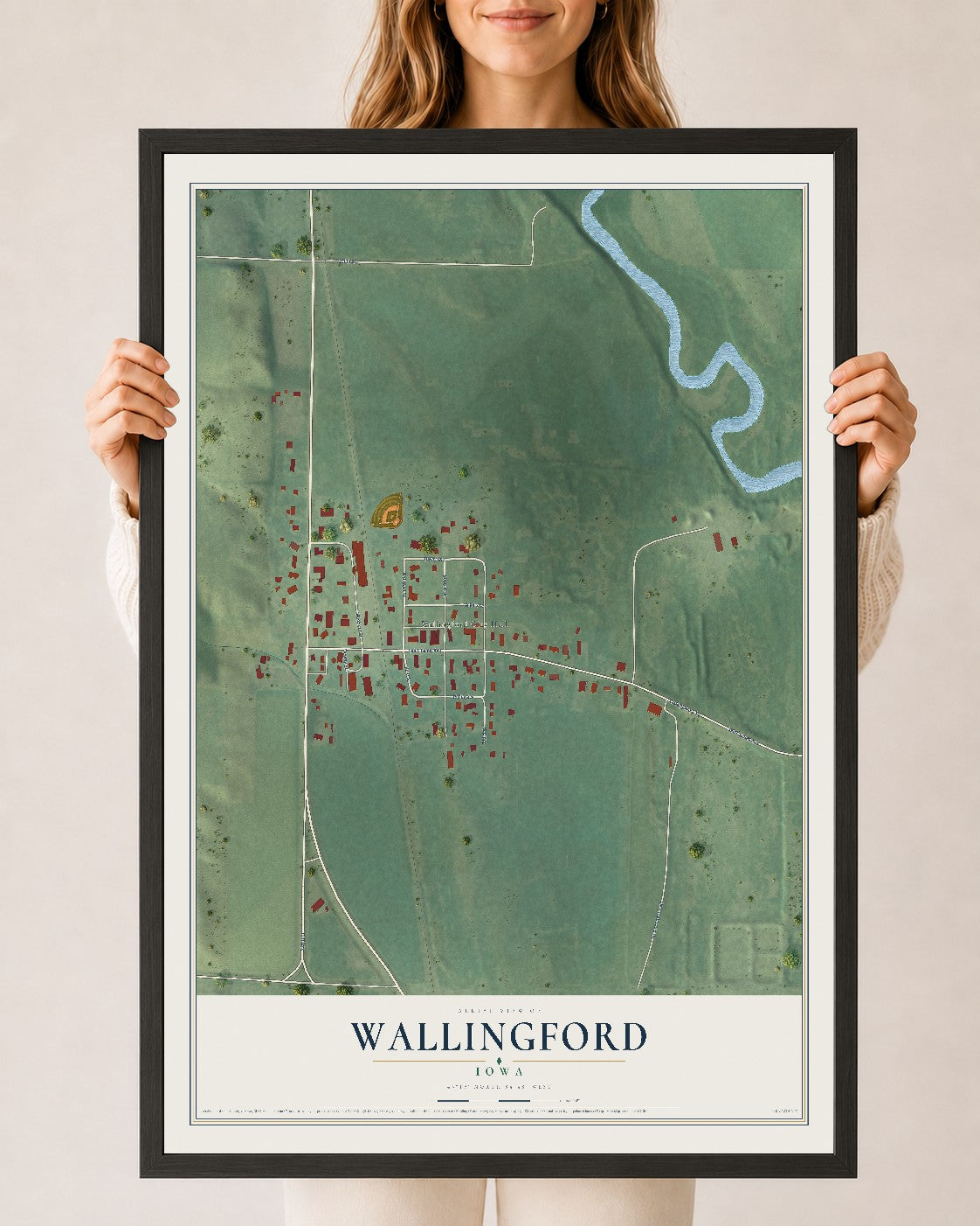 Map of Wallingford, Iowa, 24 x 36 inch print in a black wood frame
