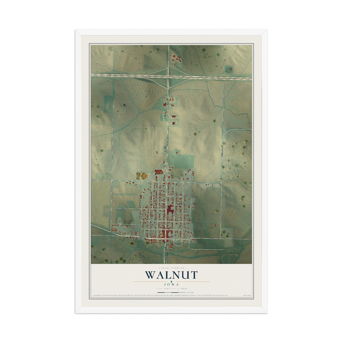 Map of Walnut, Iowa, 12 x 18 inch print in a white wood frame