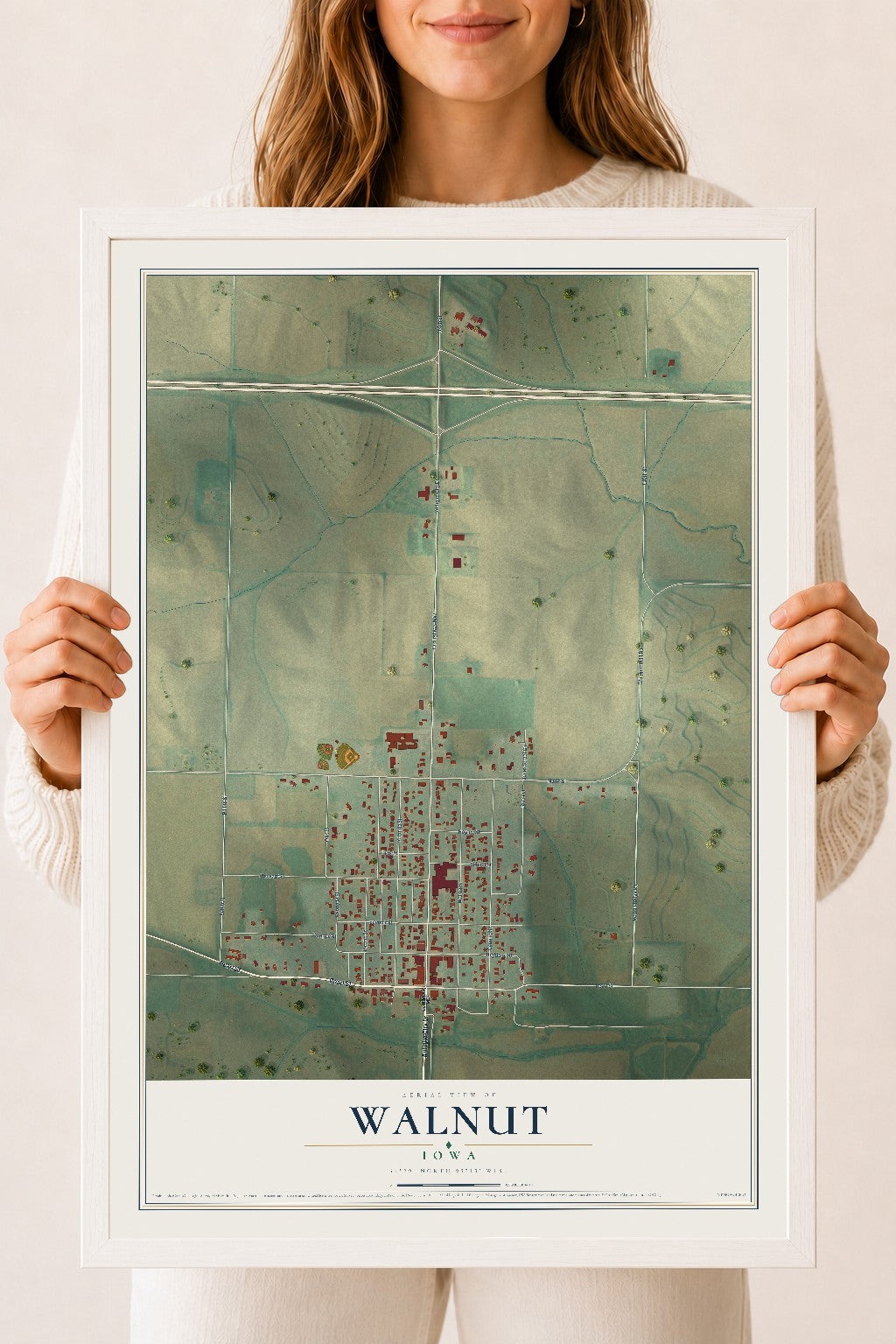 Map of Walnut, Iowa, 18 x 24 inch print in a white wood frame