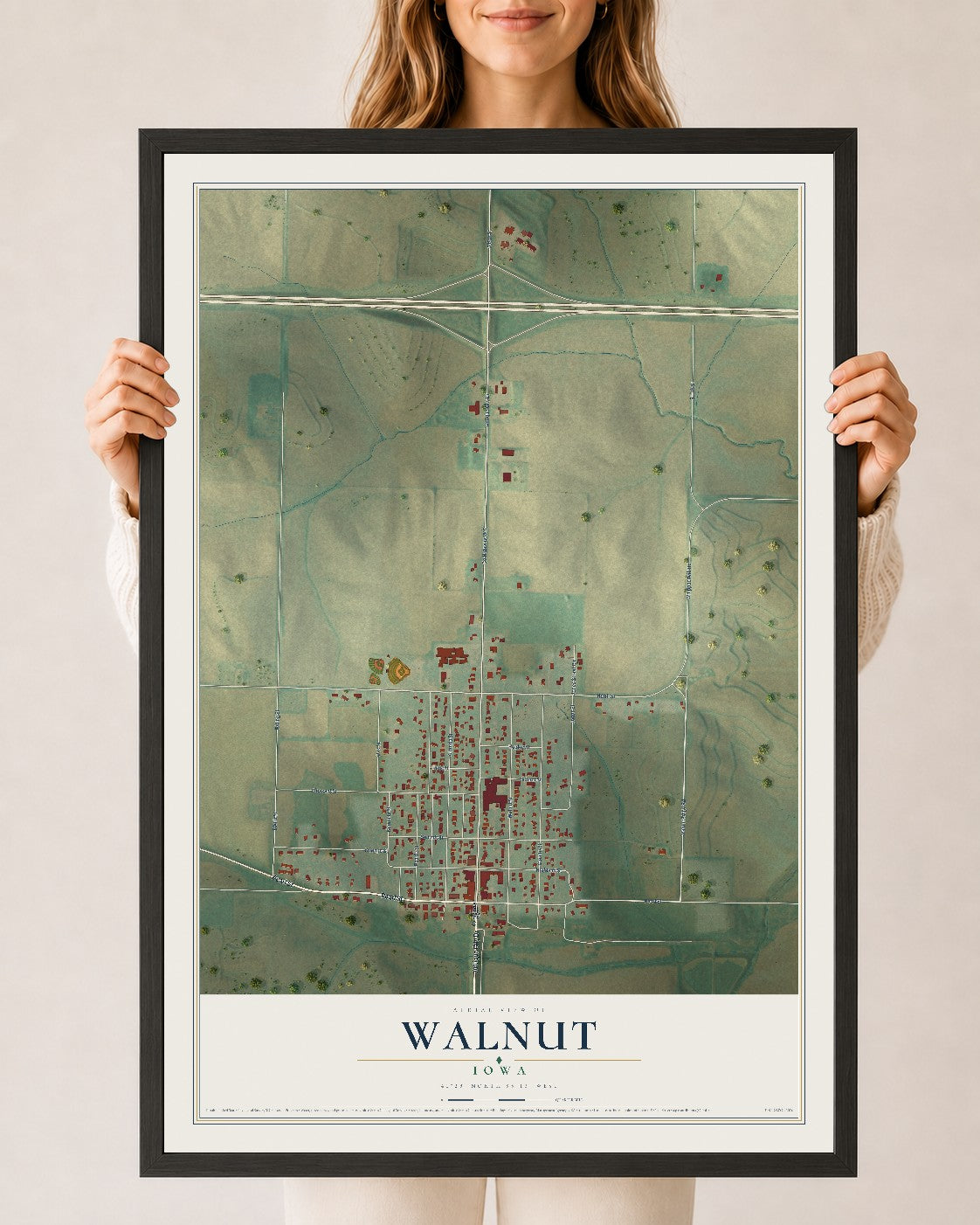 Map of Walnut, Iowa, 24 x 36 inch print in a black wood frame