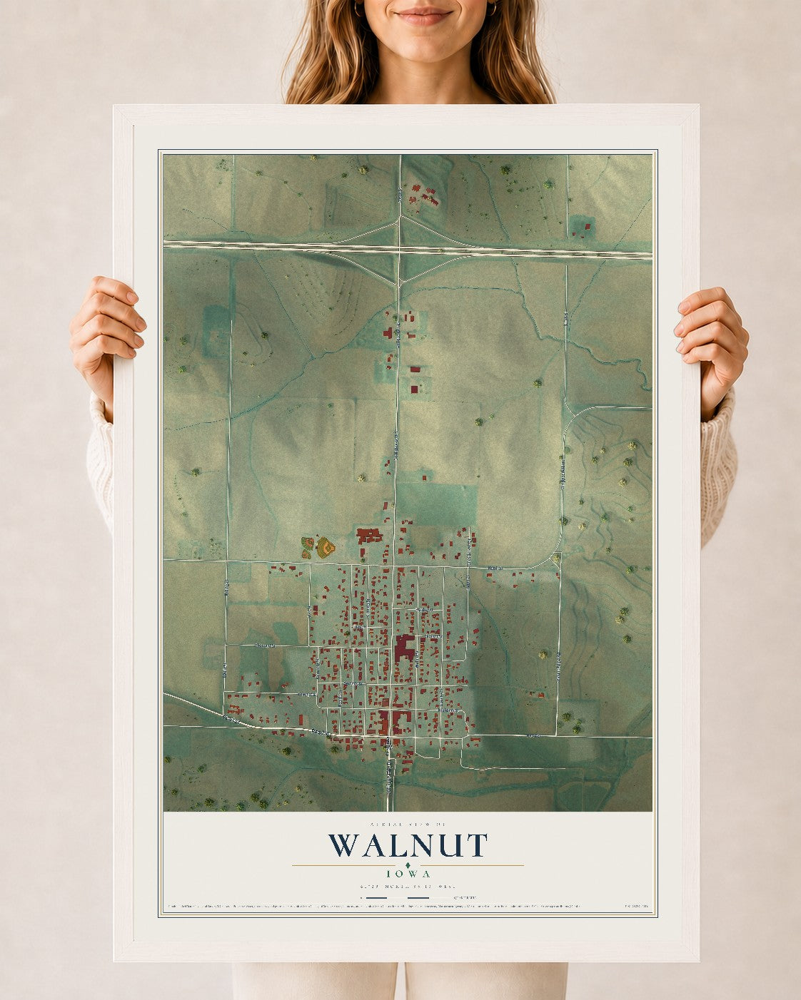 Map of Walnut, Iowa, 24 x 36 inch print in a white wood frame