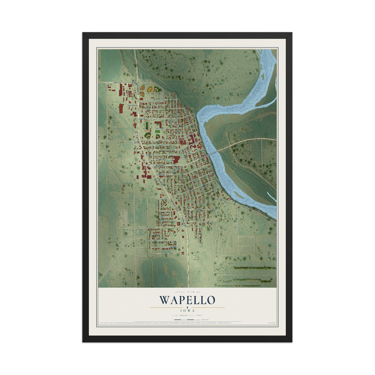 Map of Wapello, Iowa, 12 x 18 inch print in a black wood frame