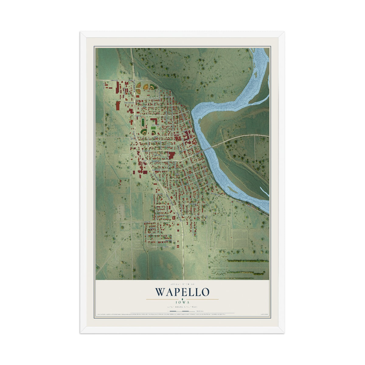 Map of Wapello, Iowa, 12 x 18 inch print in a white wood frame