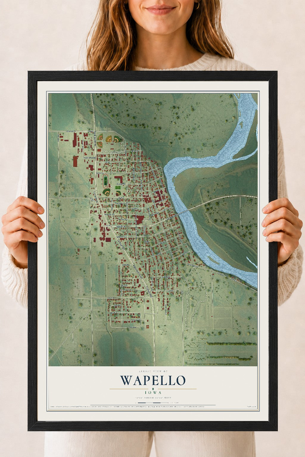Map of Wapello, Iowa, 18 x 24 inch print in a black wood frame
