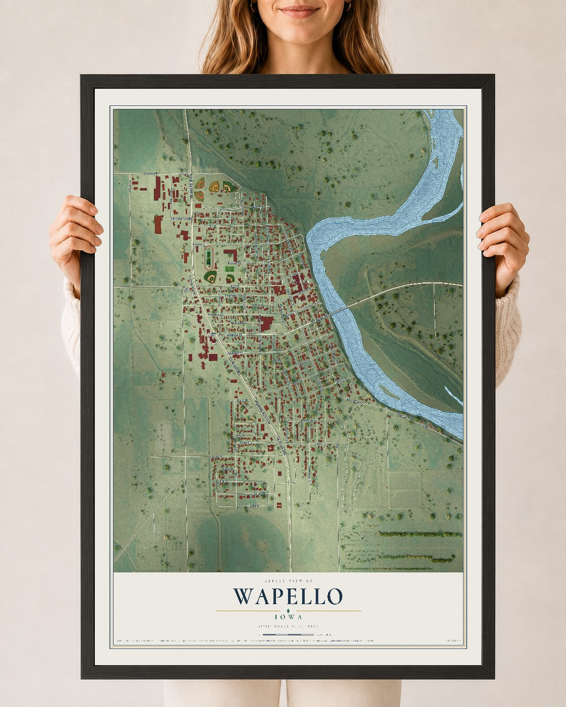 Map of Wapello, Iowa, 24 x 36 inch print in a black wood frame
