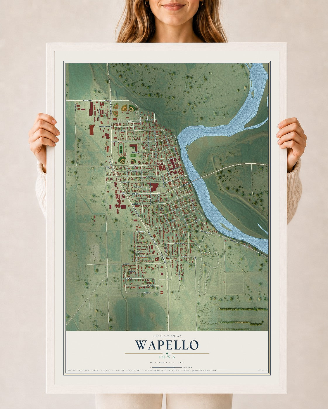 Map of Wapello, Iowa, 24 x 36 inch print in a white wood frame