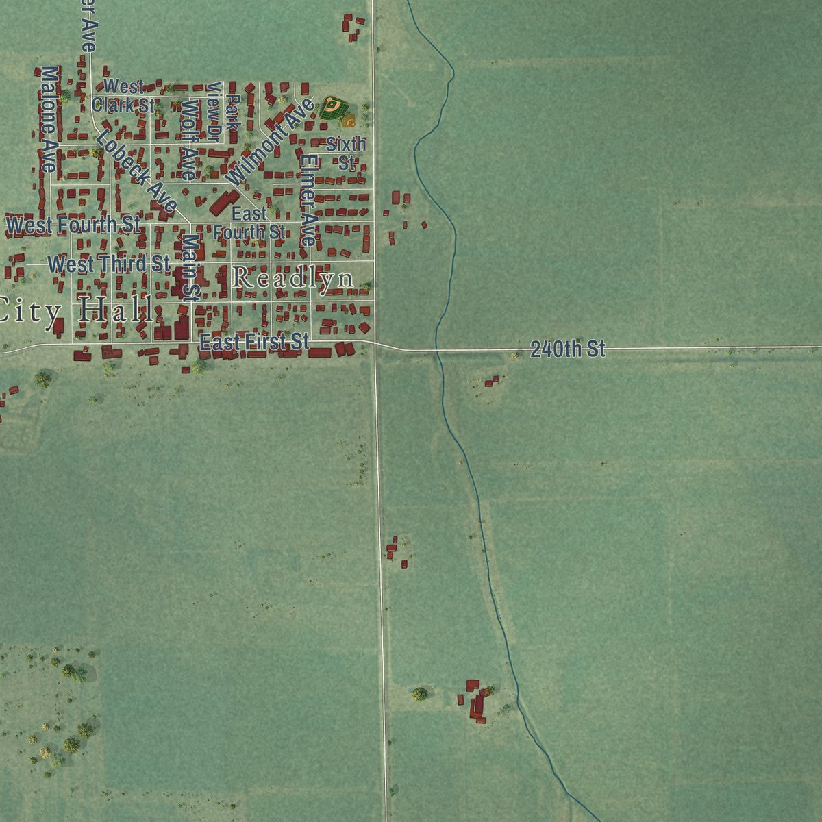Close-up of the map of Wapsie, Iowa print showing street and building detail