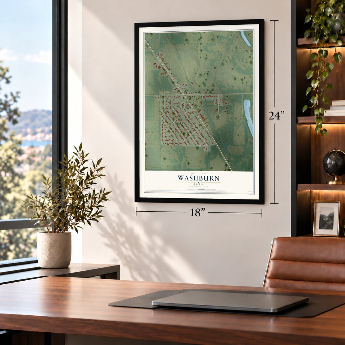 Washburn, Iowa map, 18 x 24 inch print in a black frame in a home office