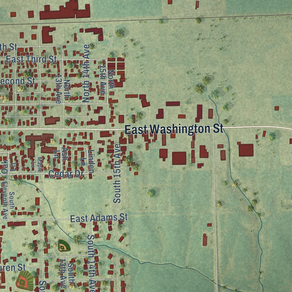 Second close-up of the map of Washington, Iowa print showing more streets and buildings