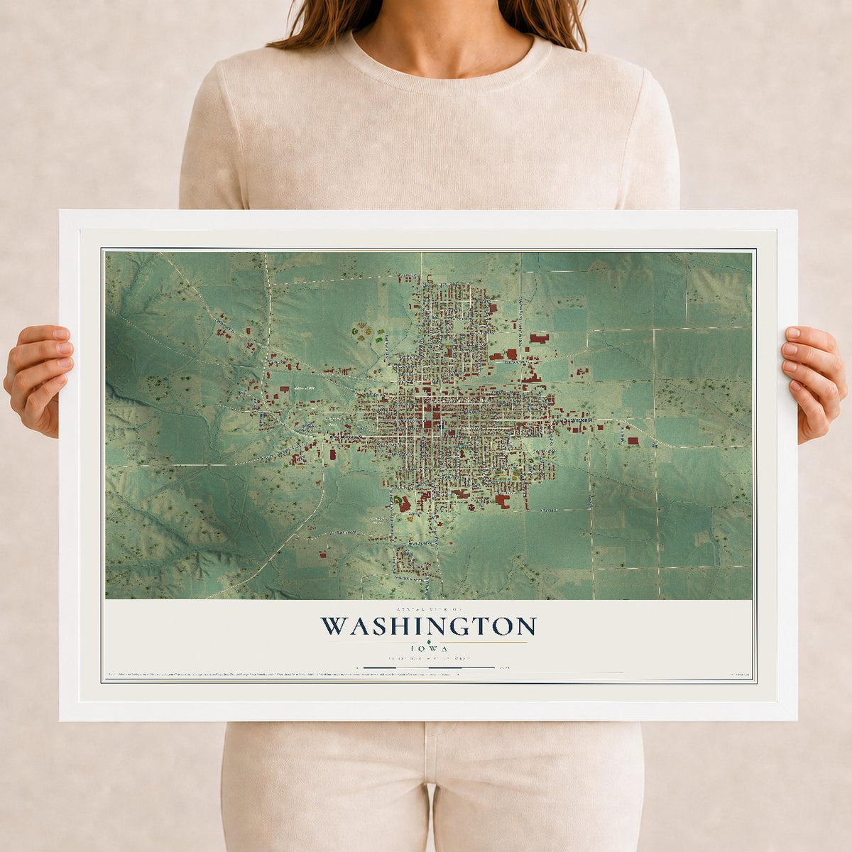 Map of Washington, Iowa, 12 x 18 inch print in a white wood frame