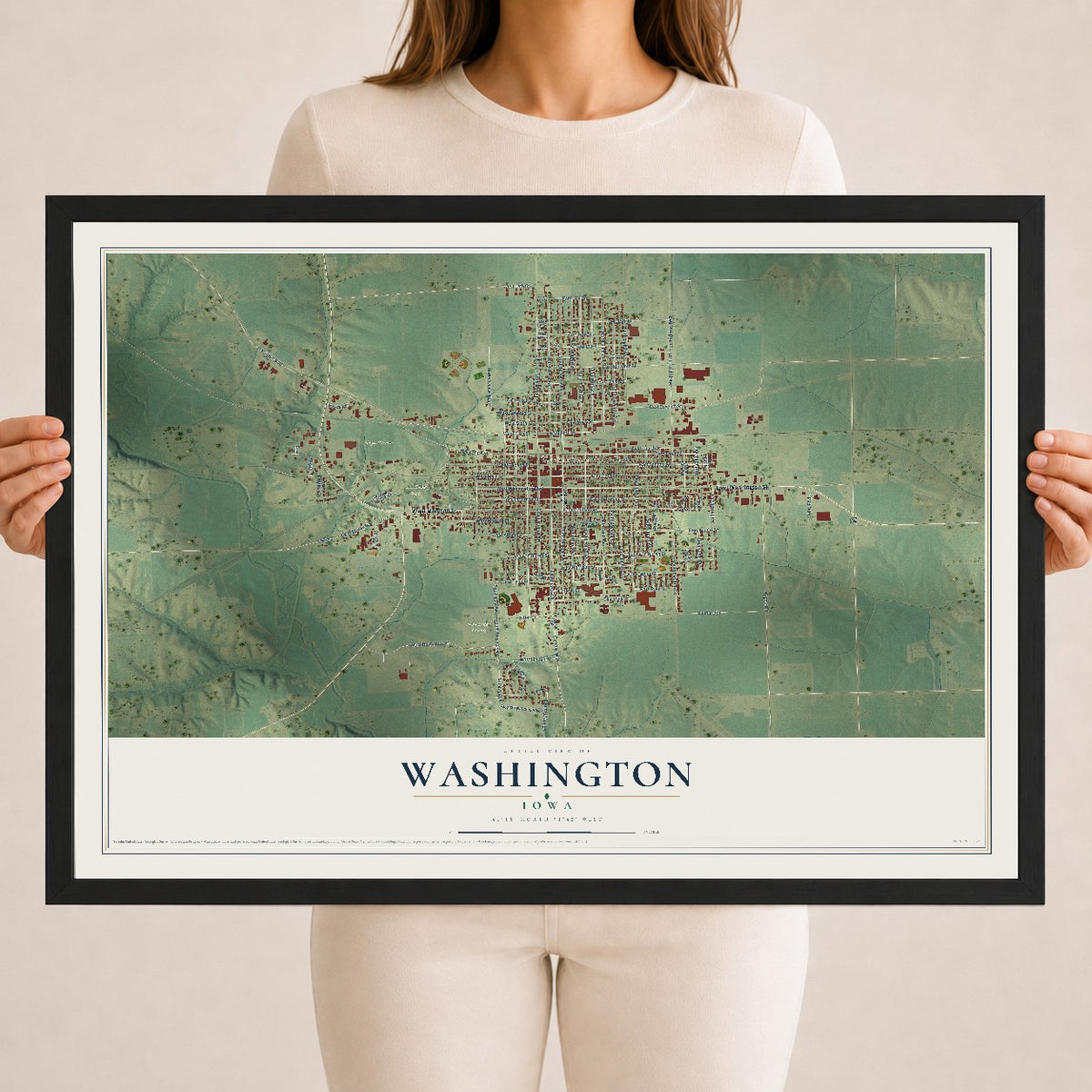 Map of Washington, Iowa, 18 x 24 inch print in a black wood frame