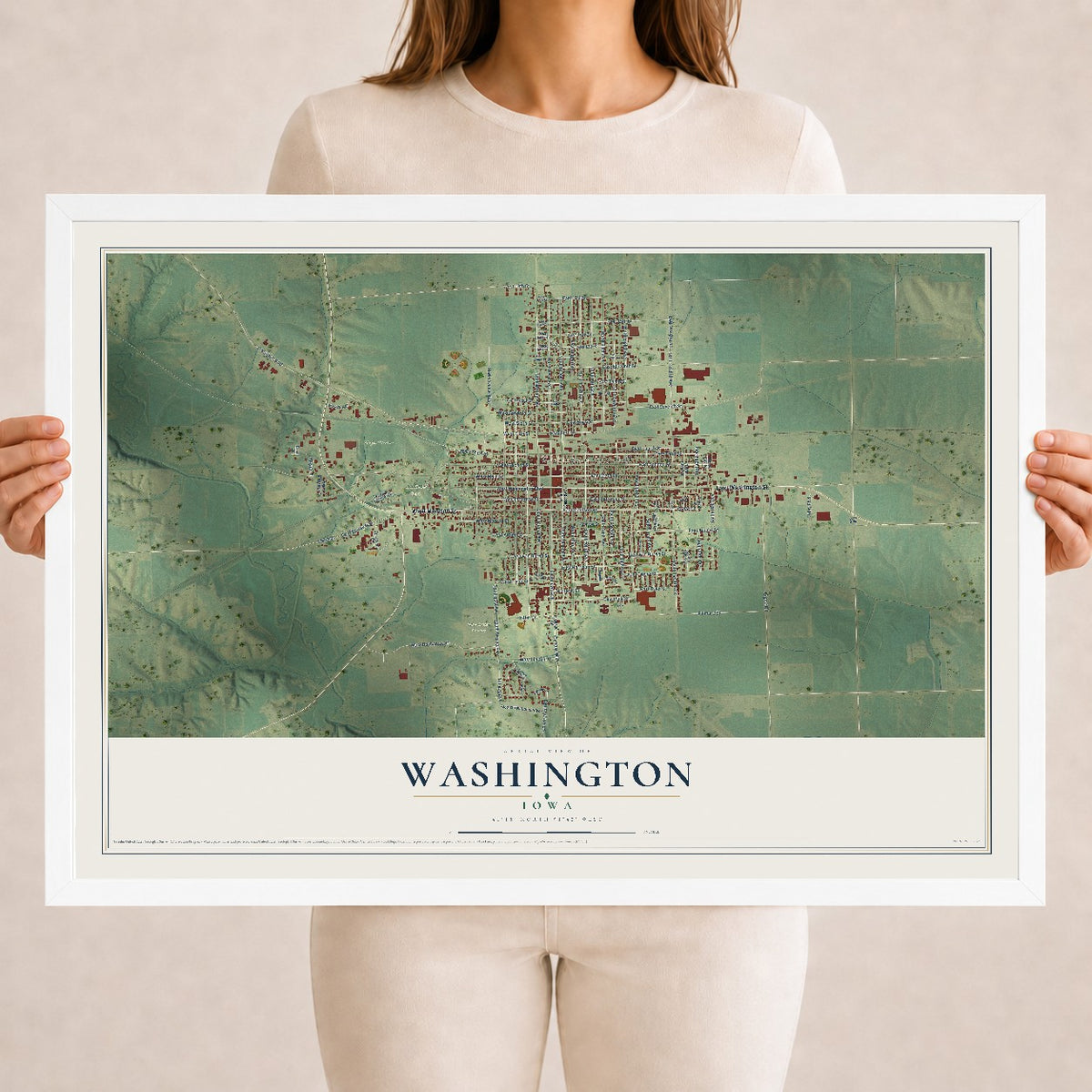 Map of Washington, Iowa, 18 x 24 inch print in a white wood frame