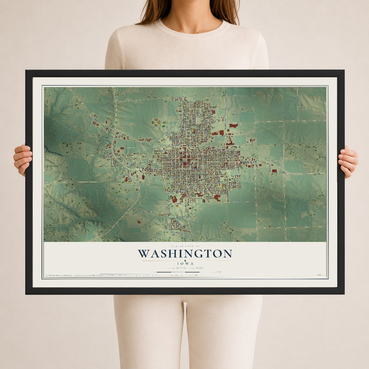 Map of Washington, Iowa, 24 x 36 inch print in a black wood frame