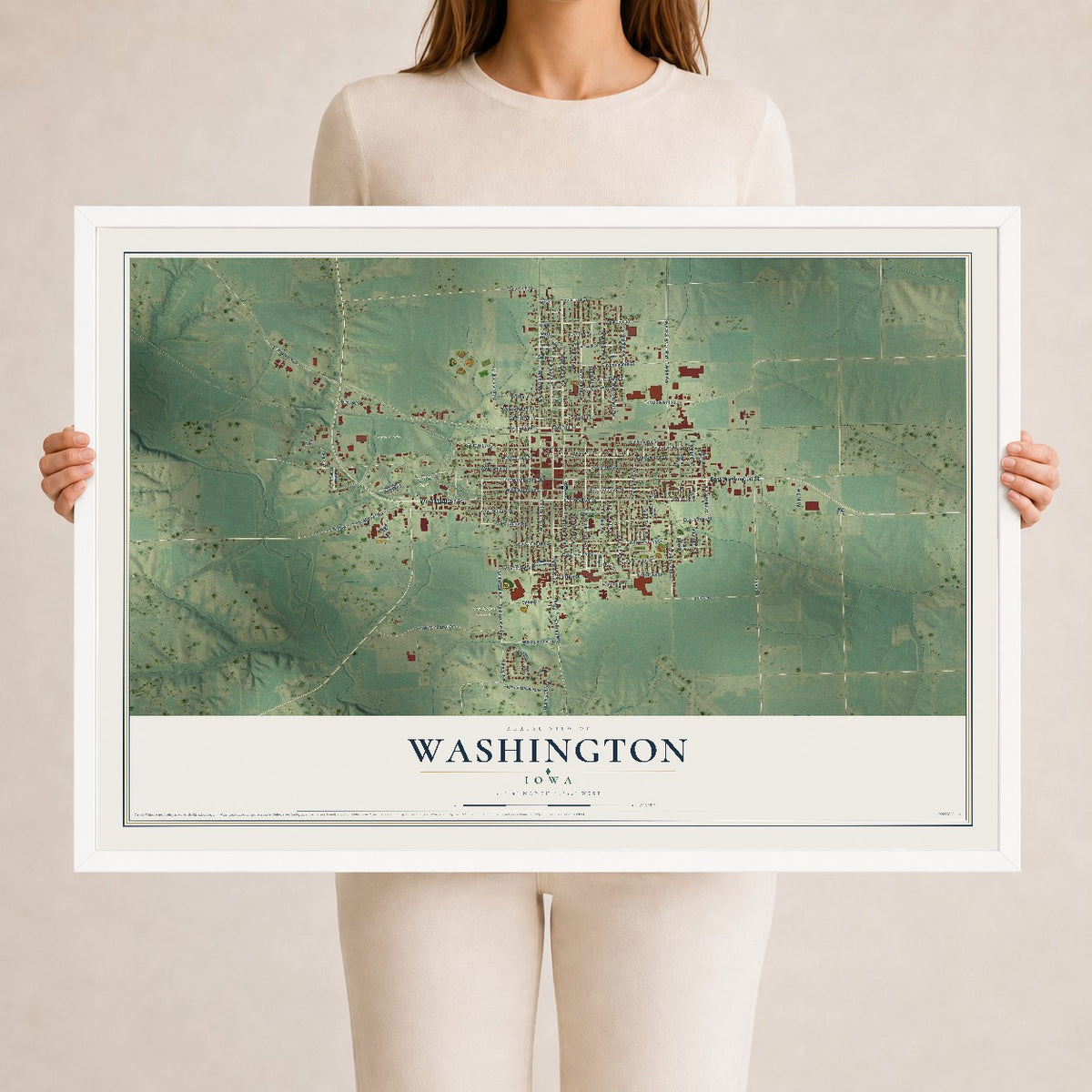 Map of Washington, Iowa, 24 x 36 inch print in a white wood frame