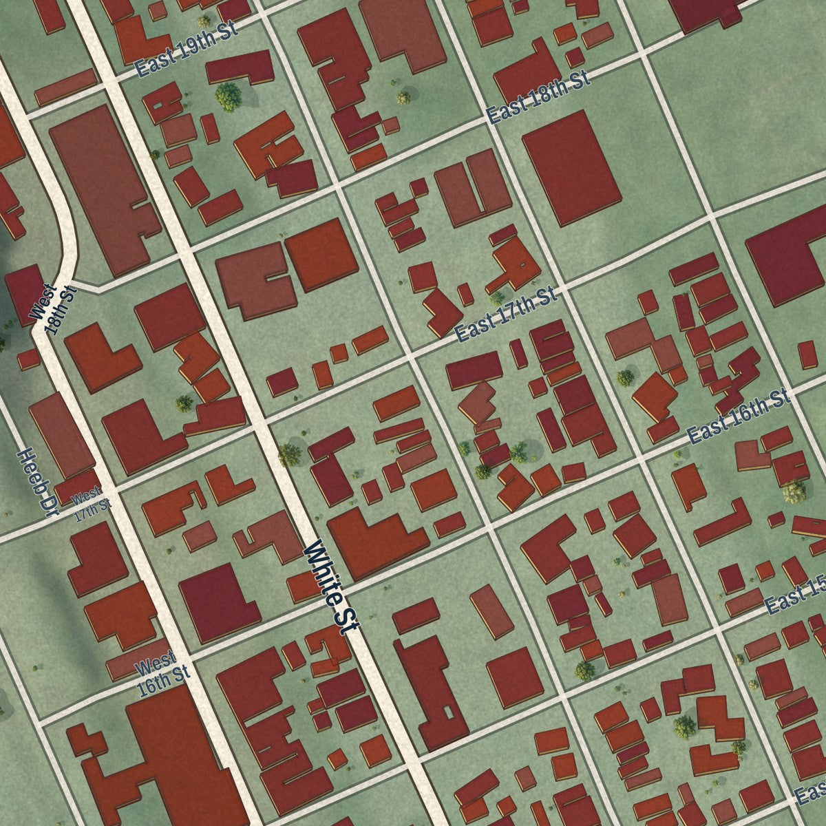 Close-up of the map of Washington Neighborhood, Iowa print showing street and building detail
