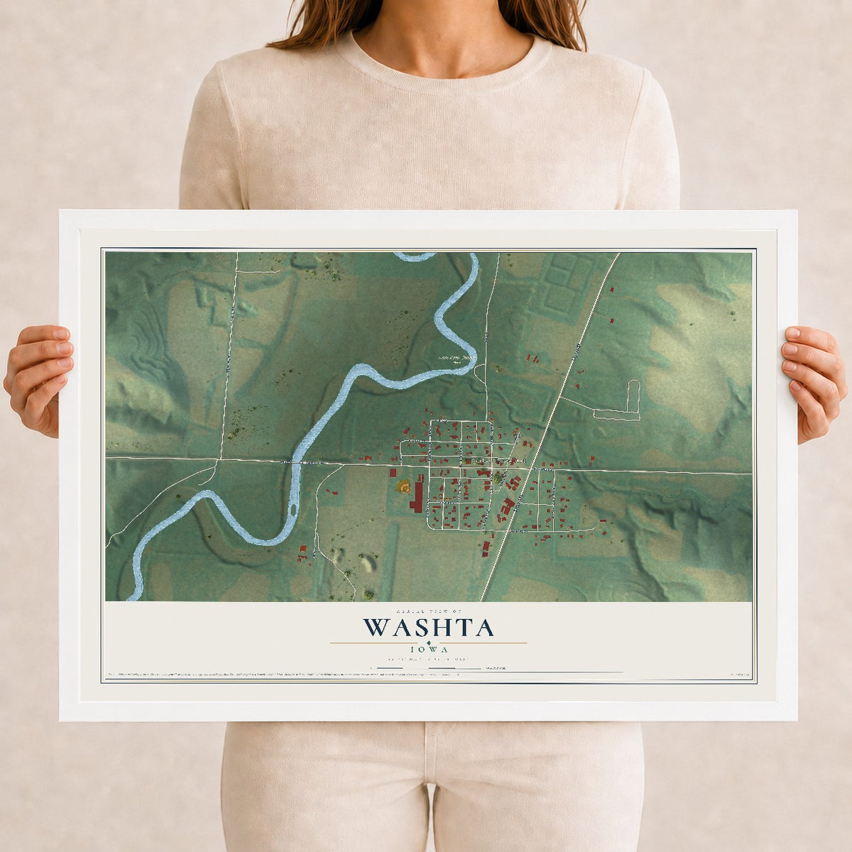 Map of Washta, Iowa, 12 x 18 inch print in a white wood frame