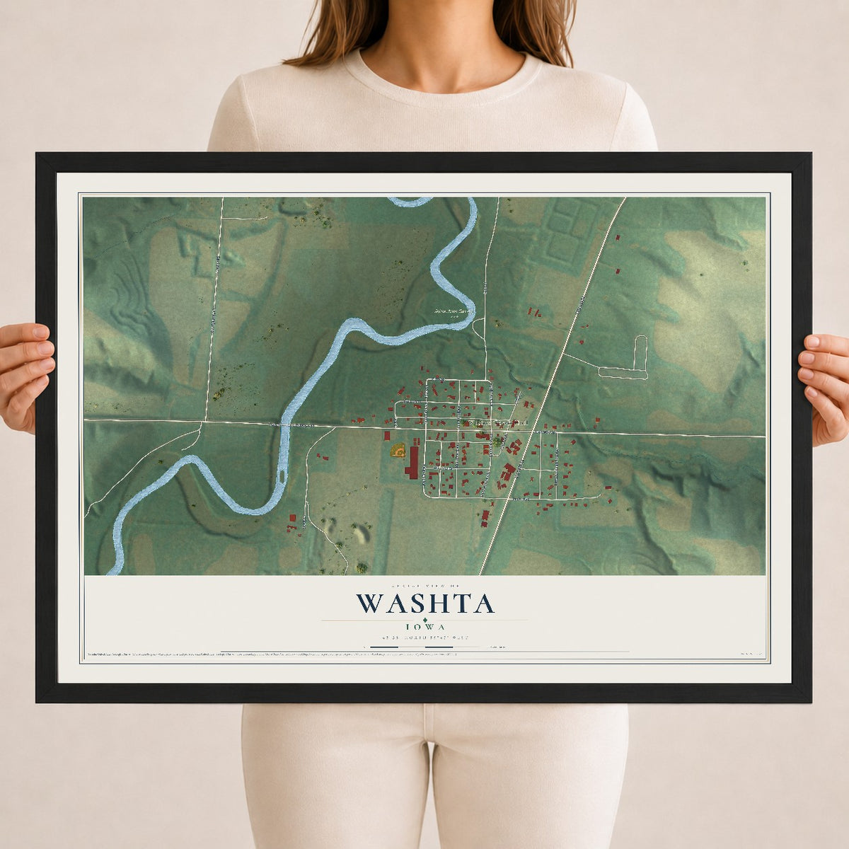 Map of Washta, Iowa, 18 x 24 inch print in a black wood frame